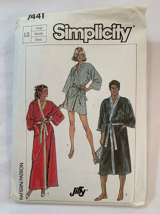 Simplicity Jiffy Sewing Pattern 7441 Misses'/Men's Kimono Robe, Two Lengths, Pocket, Belt Carriers, Wrap Front, Long Sleeves, Size 42-44, Uncut, Vintage 1996