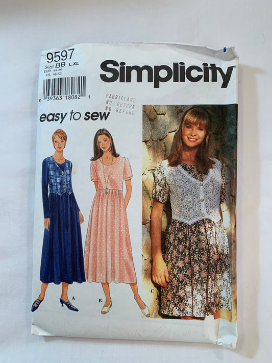 Simplicity Sewing Pattern 9597 Misses' Dresses, Two Lengths, Pullover, Full Skirt, Long/Short Sleeve, Gathered Waist, Size 6-24,Uncut, Vintage 1996