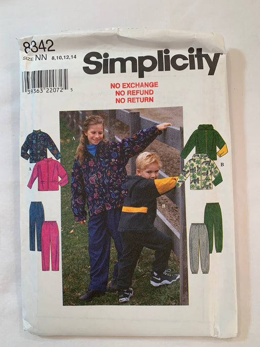 Simplicity Sewing Pattern 8342 Child's/ Boys'/Girls' Jacket, Pants, Hood, Zipper Front, Pockets, Elastic Waist, Long Sleeves, Winter Wear Size 8-14, Uncut, Vintage 1998