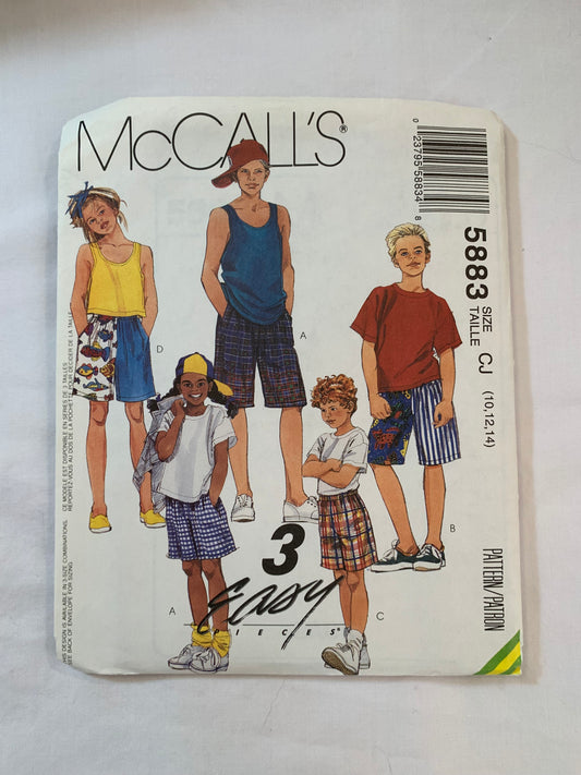 McCall's Sewing Pattern 5883 Children's/Boy's/Girls' Boxer Shorts, 3 Lengths, Pull-On, Pockets, Loose-Fitting, Size 10-14, Uncut, Vintage 1992