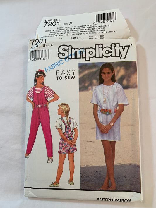 Simplicity Sewing Pattern 7201 Girls' Jumper, Overalls, Pullover Top, Long/Short Sleeves, Loose-Fitting, Shoulder Straps, Two Lengths, Size 7-14, Uncut, Vintage 1991