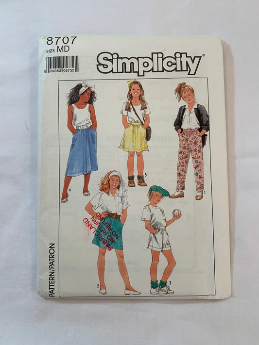 Simplicity Sewing Pattern 8707 Girls' Pants, Skirt, Shorts, Pull-On, Two Lengths, Elastic Waist, Pockets, Full Skirt, Loose-Fitting, Size 8-10, Uncut, Vintage 1988