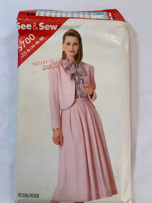 Butterick Sewing Pattern See & Sew 5700 Misses' Dress, Jacket, Shoulder Pads, Semi-Fitted, Elastic Waist, Flared, Pocket, Size 14-18, Uncut, Vintage 1987