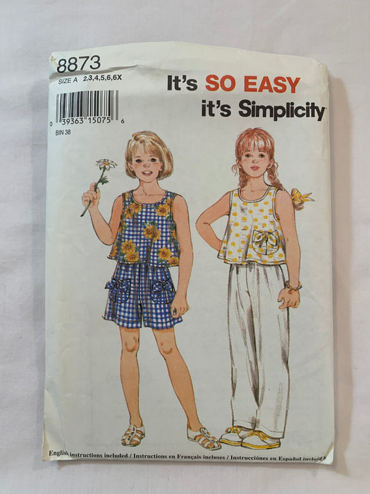 Simplicity Sewing Pattern 8873 Girls' Top, Pants, Shorts, Sleeveless, Pockets, Sleeveless, Elastic Waist, Pullover, Size 2-6x, Uncut, Vintage 1994