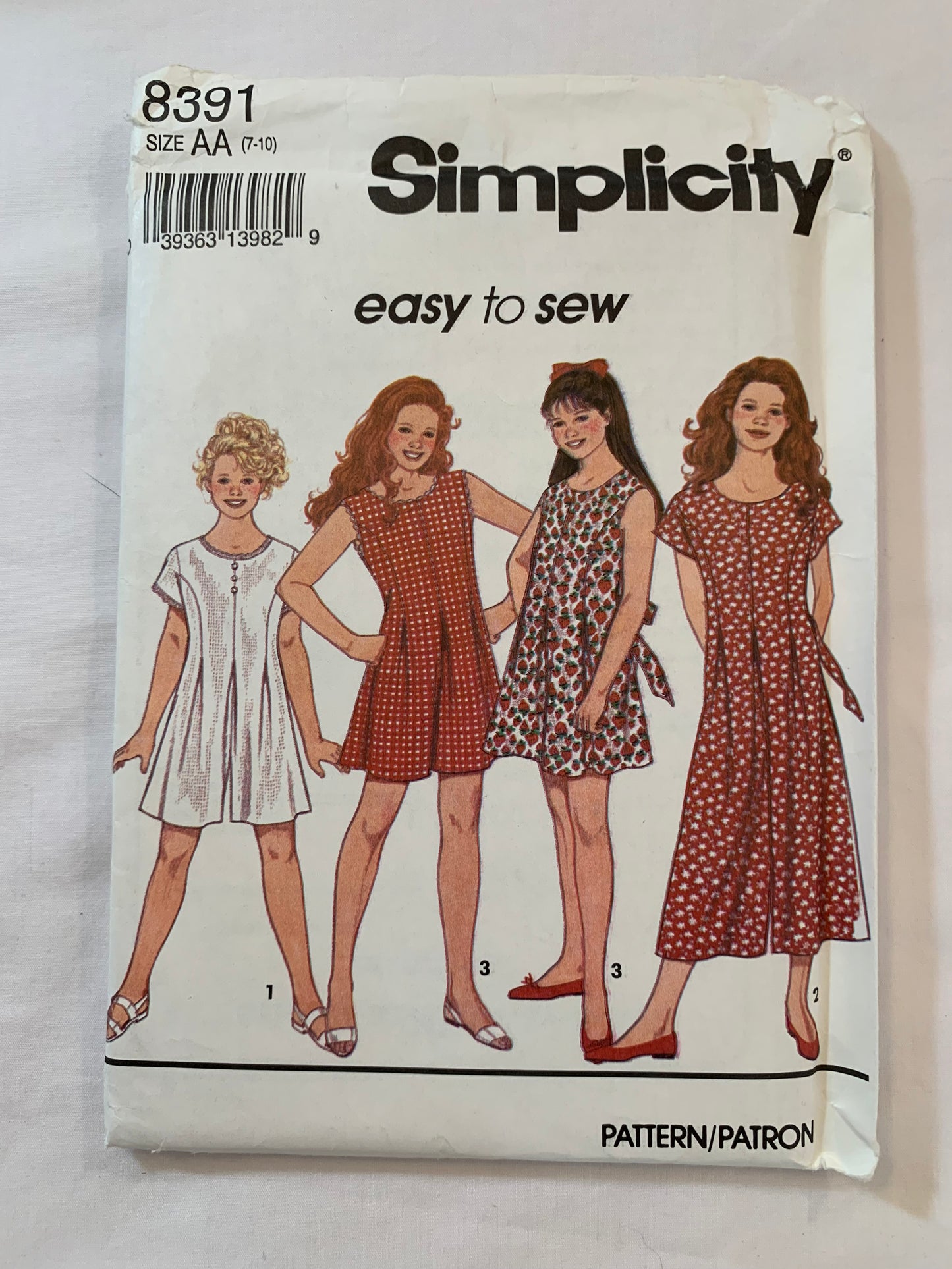 Simplicity Sewing Pattern 8391 Girls' Jumpsuit, Dress, 3 Lengths, Zipper Back, Tie Ends, Sleeveless, Cap Sleeves, Size 7-10, Uncut, Vintage 1993