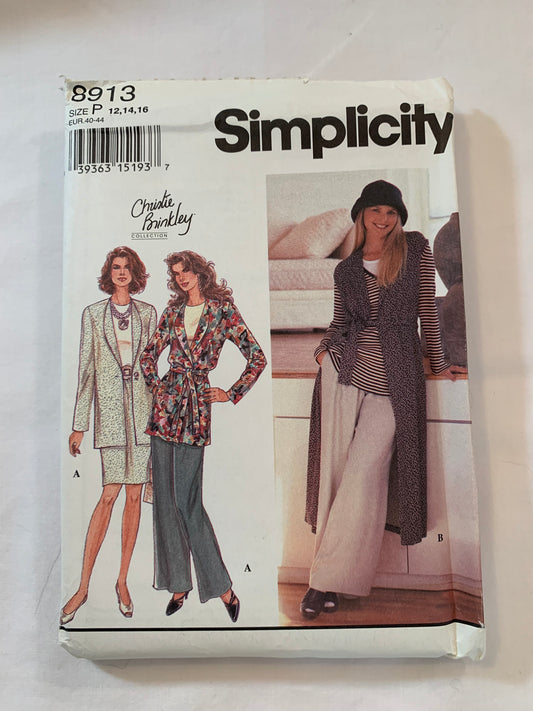 Simplicity Sewing Pattern 8913 Misses' Unlined Jacket, Skirt, Pants, Two Lengths, Long Sleeves, Tie Belt, Wide Leg, Elastic Waist, Size 12-16, Uncut, Vintage 1994
