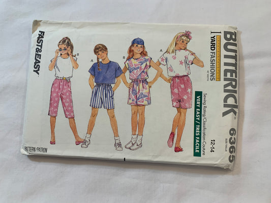 Butterick Sewing Pattern 6365 Girls' Shirt, Skirt, Pants, Shorts, Loose-Fitting, Short Sleeves, Elastic Waist, Sleeveless, Pullover, Pockets, Size 12-14, Uncut, Vintage 1988