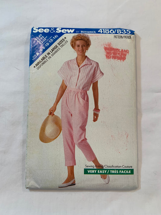 Butterick Sewing Pattern 4186 Misses'/Misses Petite Top, Pants, Loose-Fitting, Shoulder Pads, Tapered, Elastic Waist, Pockets, Size 6-14, Uncut, Vintage 1989