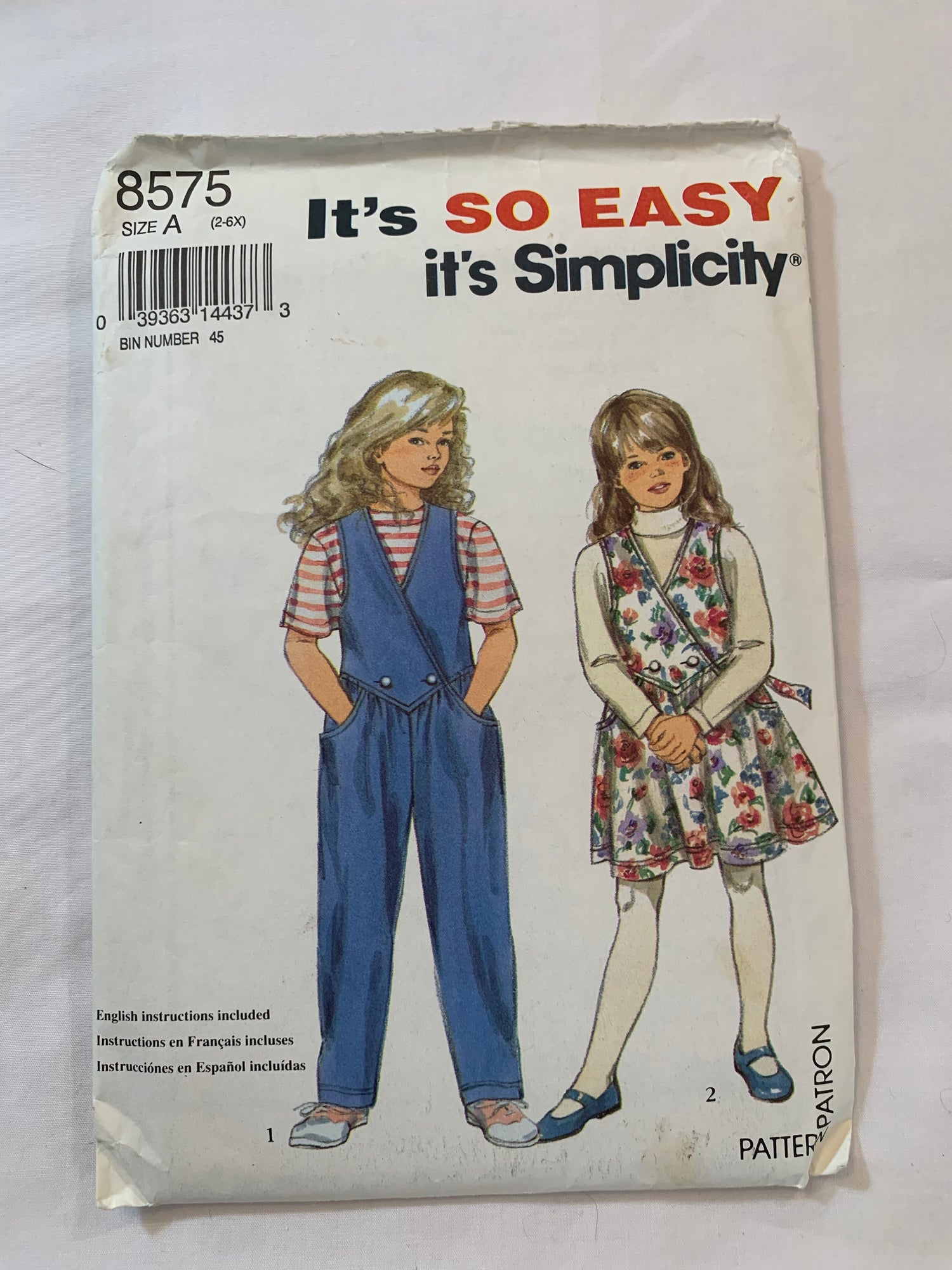 Simplicity Sewing Pattern 8575 Girls' Jumpsuit, Jumpers, Sleeveless, Pockets, Tie Back, Gathered Waist, Size2-6x, Uncut, Vintage 1993