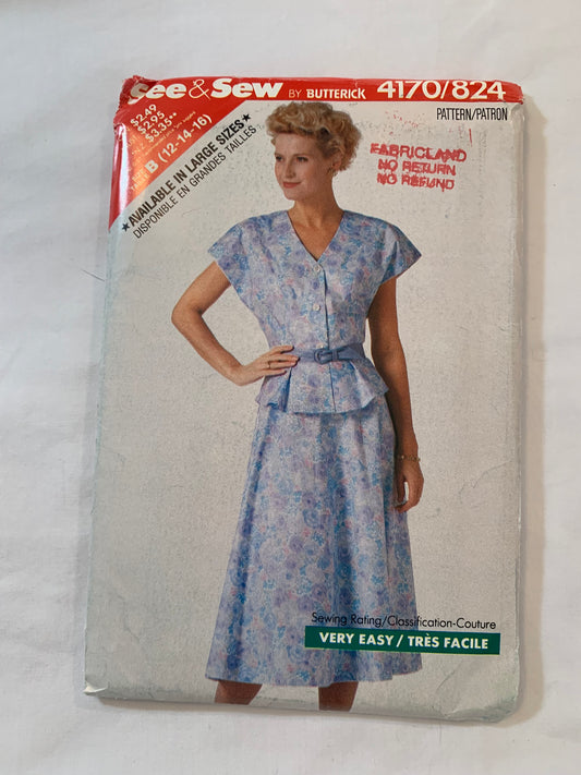 Butterick Sewing Pattern See & Sew 4170 Misses'/Misses' Petite Top, Skirt, Loose-Fitting, Princess Seams, Cap Sleeves, Shoulder Pads, Zipper Back, Size 12-16, Uncut, Vintage 1989