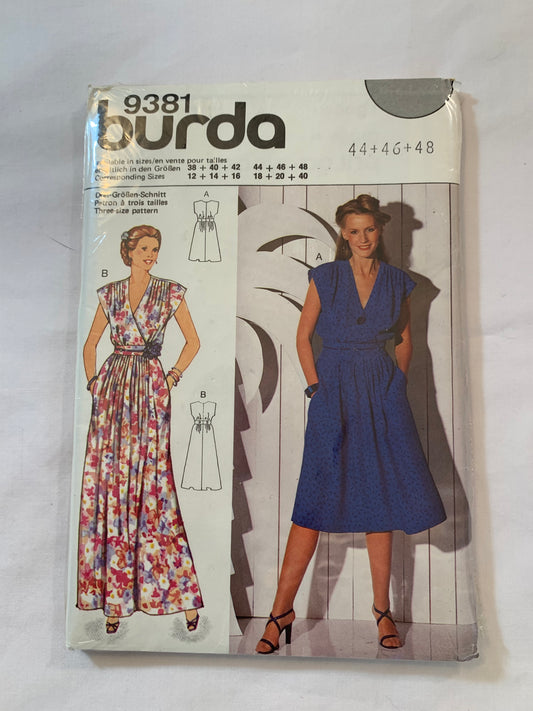 Burda Sewing Pattern 9381 Misses' Dress, Two Lengths, Sleeveless, Pullover, Semi-Fitted, Pockets, Size 44-48, Uncut, 2017