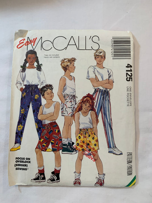 McCall's Sewing Pattern 4125 Girls'/Boys Pants Three Lengths, Shorts, Drawstring, Pull-On, Elastic Waist, Pockets, Size 7-14, Uncut, Vintage 1989