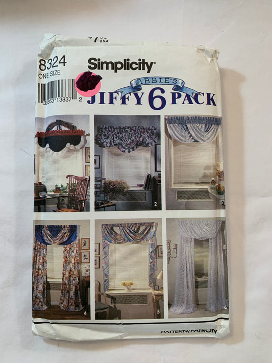 Simplicity Sewing Pattern 8324 Home Decor, Window Coverings, Curtains, Swag, Valance, Ruffles, Tiers, Jabots, Pleated, Cafe, One Size, Uncut, Vintage 1993