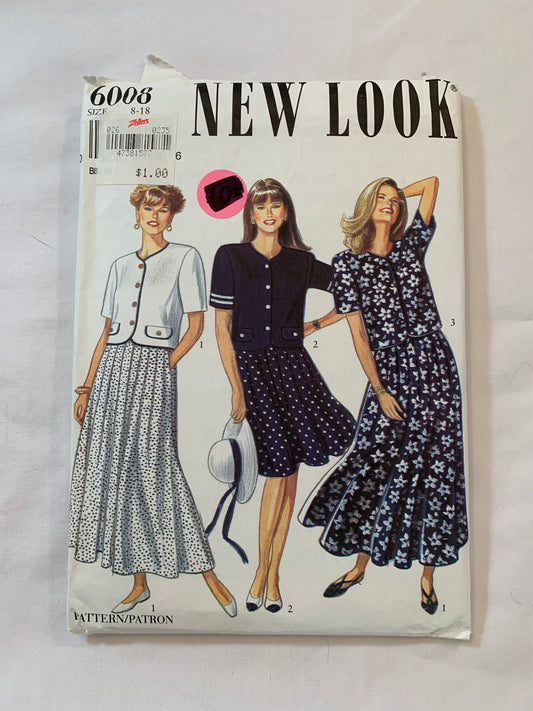 Simplicity New Look Sewing Pattern 6008 Misses' Jacket, Skirt, Two Lengths, Short Sleeves, Elastic Waist, Button Front, Full Skirt, Size 8-18, Uncut, Vintage 1999