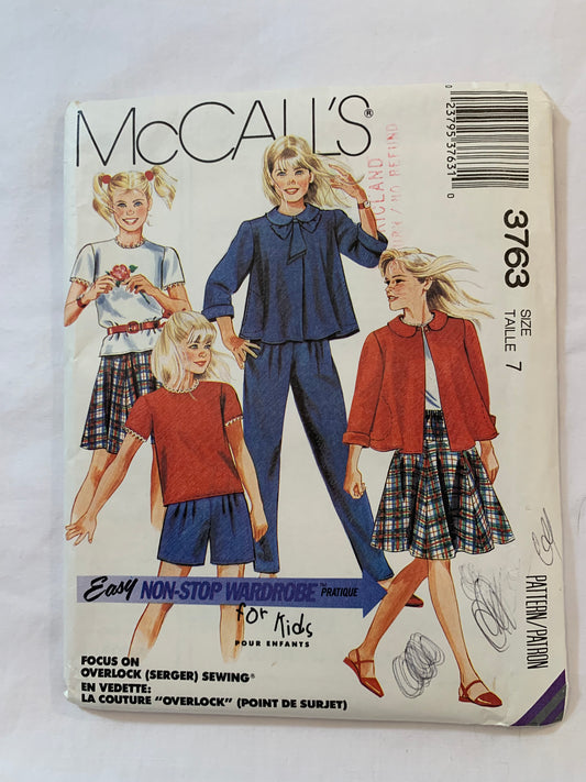 McCall's Sewing Pattern 3763 Girls' Unlined Jacket, Top, Pants, Skirt, Two Lengths, Shorts, Shoulder Pads, Peter Pan Collar, Pullover, Long/Short Sleeves, Size 5, Uncut, Vintage 1988