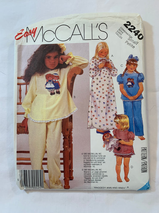 McCalls Sewing Pattern 2240 Girls' Nightgown, Elastic Waist, Pants, Tops, Long/Shorts Sleeves, Raggedy Ann & Andy Transfers, Shorts, Size 4-6, Uncut, Vintage 1985