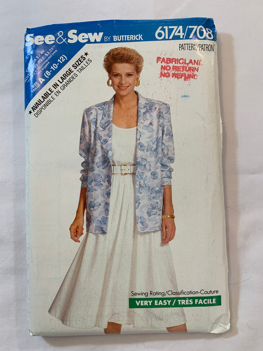 Butterick Sewing Pattern See & Sew 6174 Misses' Jacket, Top, Skirt, Flared, Loose-Fitting, Shoulder Pads, Pullover, Long Sleeves,Sleeveless, Elastic Waist, Size 12-16, Uncut, Vintage 1993