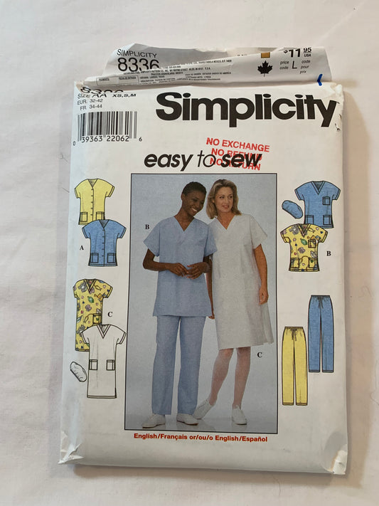 Simplicity Sewing Pattern 8336 Misses' Hospital Scrubs, Top Pants, Dress, Hats, Button Front, Pockets, Short Sleeves, Elastic Waist, Size 6-16, Uncut, Vintage 1999