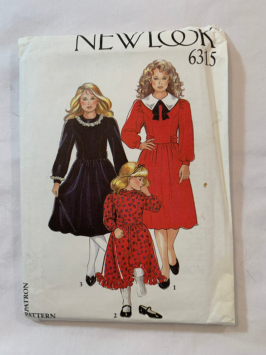 Simplicity New Look Sewing Pattern 6315 Girls' Dress, Long Sleeves, Button Back, Tie End, Full Skirt, 3 Variations, Size 4-14, Uncut, Vintage 1999