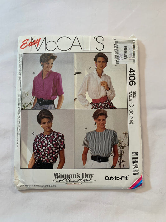 McCall's Sewing Pattrn 4106 Misses' Blouse, 4 Variations, Long/Short Sleeves, Button Front, Shoulder Pads, Pullover, Size 10-14, Uncut, Vintage 1989
