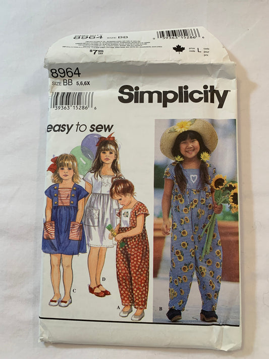 Simplicity Sewing Pattern 8964 Child's/Girls' Dress, Romper, Short Kimono Sleeves, Pockets, Gathered Waist, Zipper Back, Collar, Size 5-6x, Uncut, Vintage 1994
