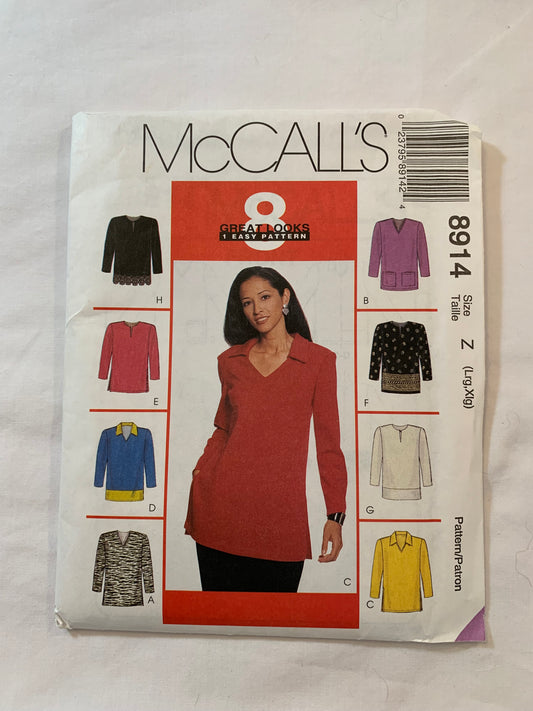 McCall's Sewing Pattern 8914 Misses' Tops, Long Sleeves, 6 Variations, Easy Fitting, Pockets, Side Slits, Size 12, Uncut, Vintage 1997