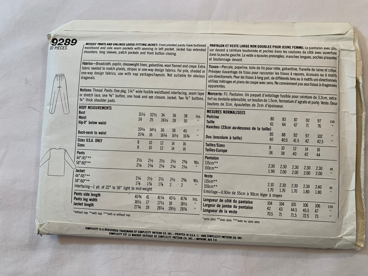 Simplicity Sewing Pattern 9289 Misses' Pants, Loose-Fitting Jacket, Pleats, Pockets, Button Front, Size 12-16, Uncut, Vintage 1989