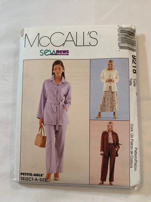 McCall's Sewing Pattern 9218 Misses' Unlined Jacket, Top, Pull-On Pants, Elastic Waist, Belt, Skirt, Button Front, Pockets, Size 12-16, Uncut, Vintage 1998