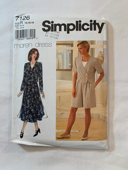 Simplicity Sewing Pattern 7126 Misses'/Misses' Petite Top, Shorts, Skirts, Double Breasted, Princess Seams, Long/Short Sleeves, Pockets, Size 14-18, Uncut, Vintage 1996