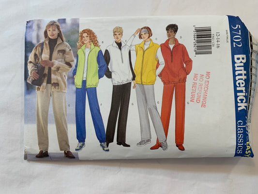 Butterick Sewing Pattern 5702 Misses'/Women's Petite Jacket, Vest, Pants, Loose-Fitting, Collar, Front Zipper, Pockets, Pullover, Size 12-16, Uncut, Vintage 1998