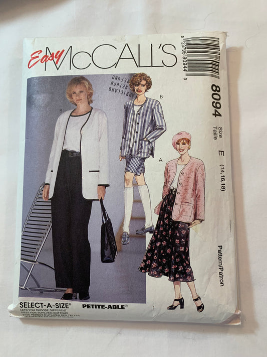 McCall's Sewing Pattern 8094 Misses' Jacket, Top, Pull-On Pants/Skirt/Shorts, Elastic Waist, Button Front, Pockets, Size 14-18, Cut, Vintage 1996