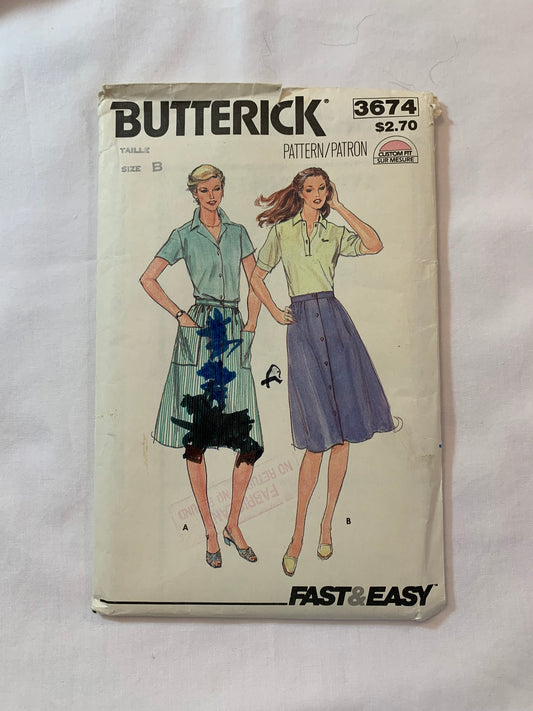 Butterick Sewing Pattern 3674 Misses' Skirt, Button Front, Pockets,A-Line, Drndl, 2 Variations, Size 10-14, Cut, Vintage 1996