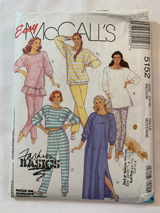McCall's Sewing Pattern 5152 Misses' Active Loungewear, Stretch Knits Only, Loose-Fitting, Gown, Pants, Pockets, Leggings, Size 14-16, Cut, Vintage 1990