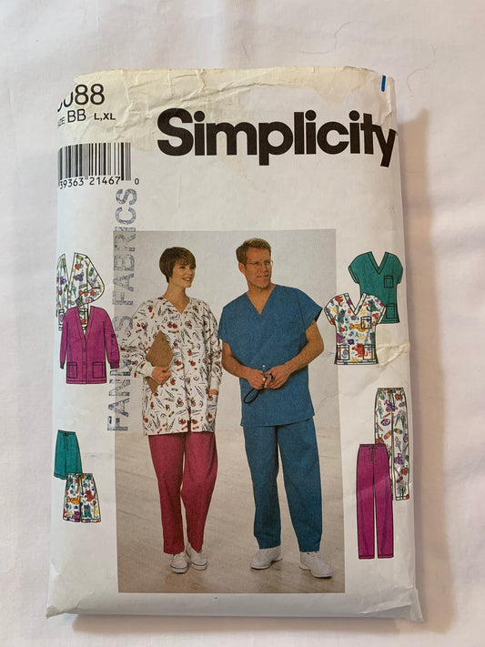 Simplicity Sewing Pattern 8088 Misses'/Men's/Teens' Medical Scrubs, Hospital Jacket, Shorts, Top, Pants, Long/Short Sleeves, Pockets, Elastic Waist, Pull-On, Size 42-48, Cut, Vintage 1999