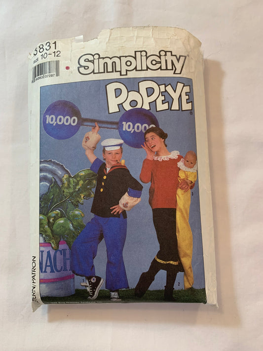 Simplicity Sewing Pattern 8831 Girls'/Boy's Costumes, Halloween, Popeye, Olive Oyl, Sweetpea, Top, Pants, Muscles, Skirt, Size 10-12, Cut, Vintage 1988