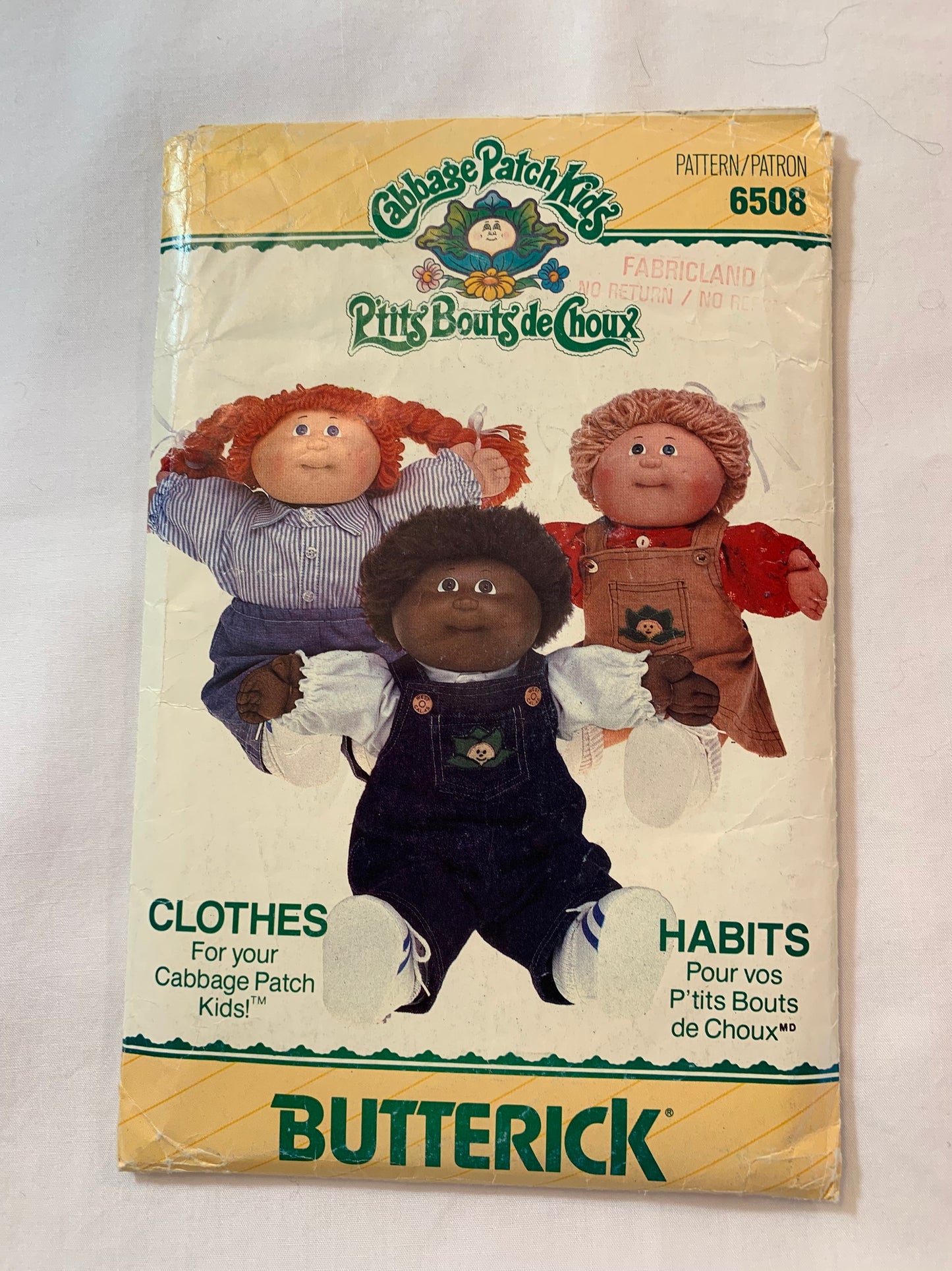 Butterick Sewing Pattern 6508 Cabbage Patch Doll Clothes, Top Button Front, Overalls, Pants, Pockets, Shoulder Straps, 16" Doll, Cut, Vintage 1986