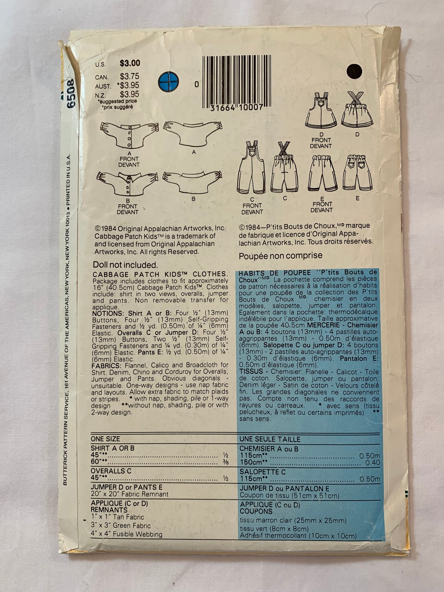 Butterick Sewing Pattern 6508 Cabbage Patch Doll Clothes, Top Button Front, Overalls, Pants, Pockets, Shoulder Straps, 16" Doll, Cut, Vintage 1986