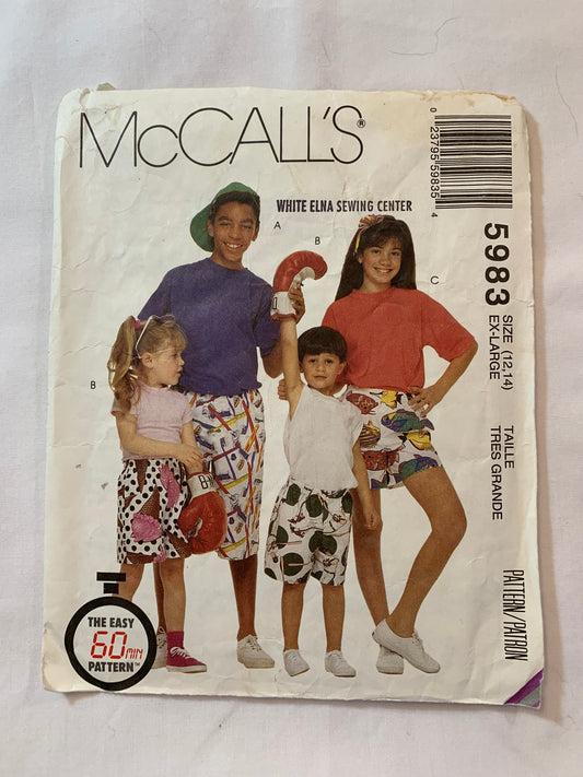 McCall's Sewing Pattern 5983 Children's Boys and Girls Boxer Shorts, 3 Lengths, Pull-On, Pockets, Loose-Fitting, Size 12-14, Cut, Vintage 1992