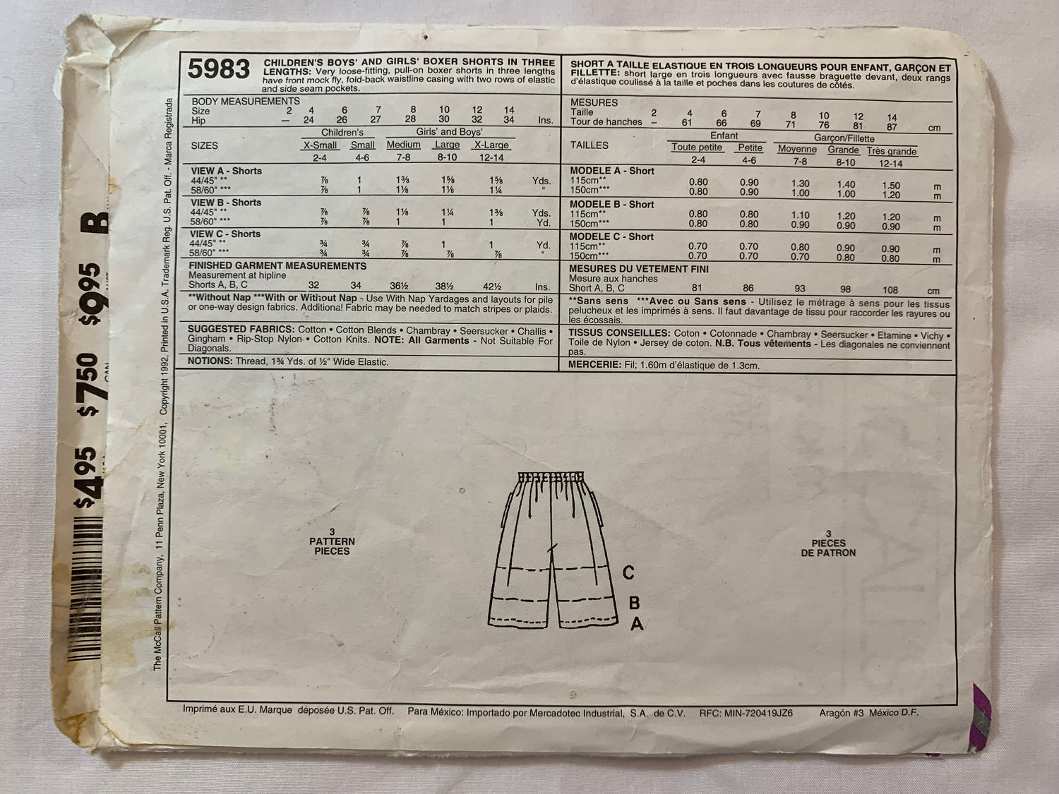 McCall's Sewing Pattern 5983 Children's Boys and Girls Boxer Shorts, 3 Lengths, Pull-On, Pockets, Loose-Fitting, Size 12-14, Cut, Vintage 1992