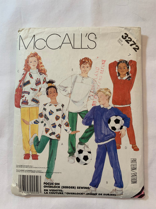 McCall's Sewing Pattern 3272 Boys'/Girls' Tops, Pants, Stretch Knit Only, Long Sleeves Elastic Waist, Pockets, Size 7, Cut, Vintage 1987