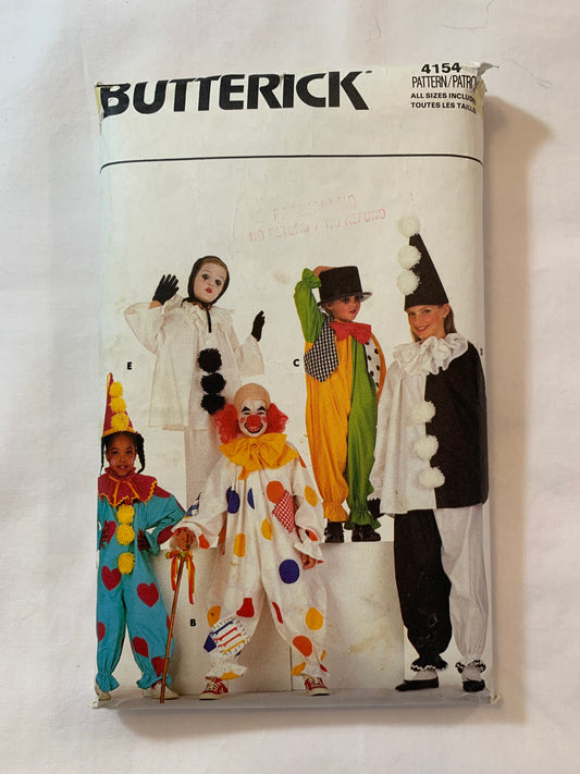 Butterick Sewing Pattern 4154 Boys'/Girls'/Children's Clown Costumes, Loose-Fitting, Pullover, Long Sleeves, Elastic Legs, Ties, Size Small, Uncut, Vintage 1986