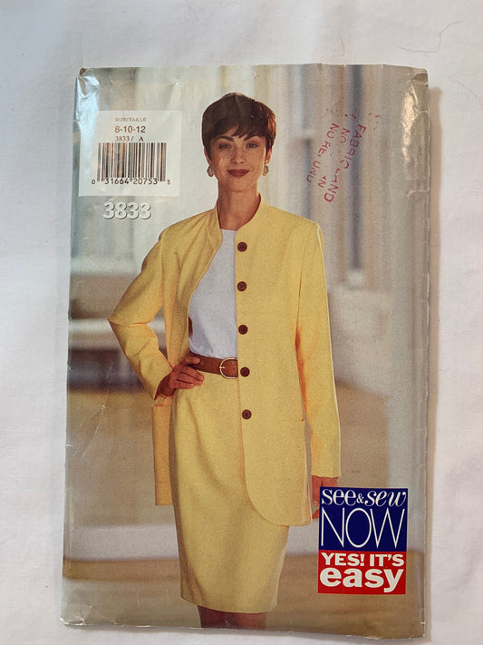 Butterick Sewing Pattern See & Sew 3833 Misses' Dress, Jacket, Loose-Fitting, Shoulder Pads, LongSleeves, Zipper Back, Pockets, Unlined, Size 8-12, Uncut, Vintage 1994
