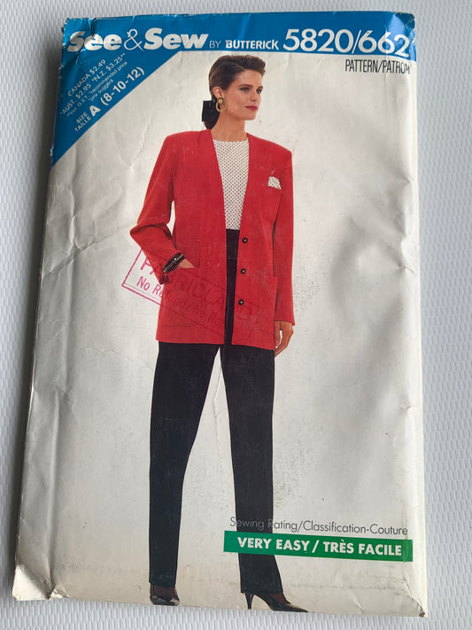 Butterick Sewing Pattern See & Sew 5820 Misses' Jacket, Tapered Pants, Loose-Fitting, Long Sleeves, Elastic Waist, Shoulder Pads, Pockets, Size 8-12, Uncut, Vintage 1987