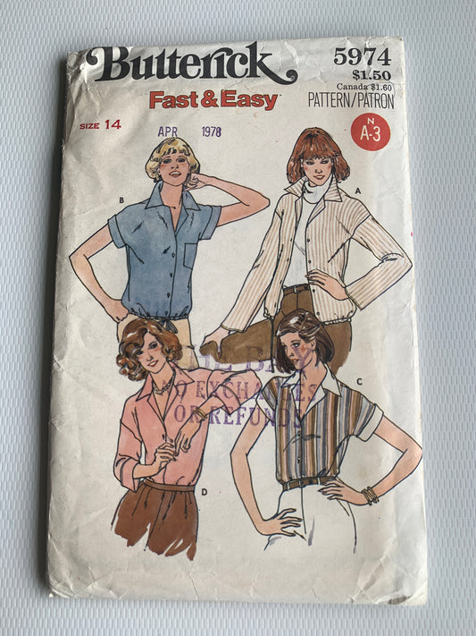 Butterick Sewing Pattern 5974 Misses' Shirt, Loose-Fitting, Short/Long Sleeves, Dropped Shoulder, Button Front, Pocket, Size 14, Uncut, Vintage 1970