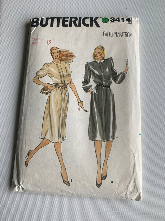 Butterick Sewing Pattern 3414 Misses' Dress, Loose-Fitting, Elastic Waist, Long/Short Sleeves, Size 12, Uncut, Vintage 1985