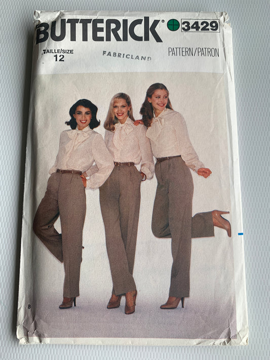 Butterick Sewing Pattern 3429 Misses' Tapered/Straight Pants, Zipper Closing, Size 12, Uncut, Vintage 1980
