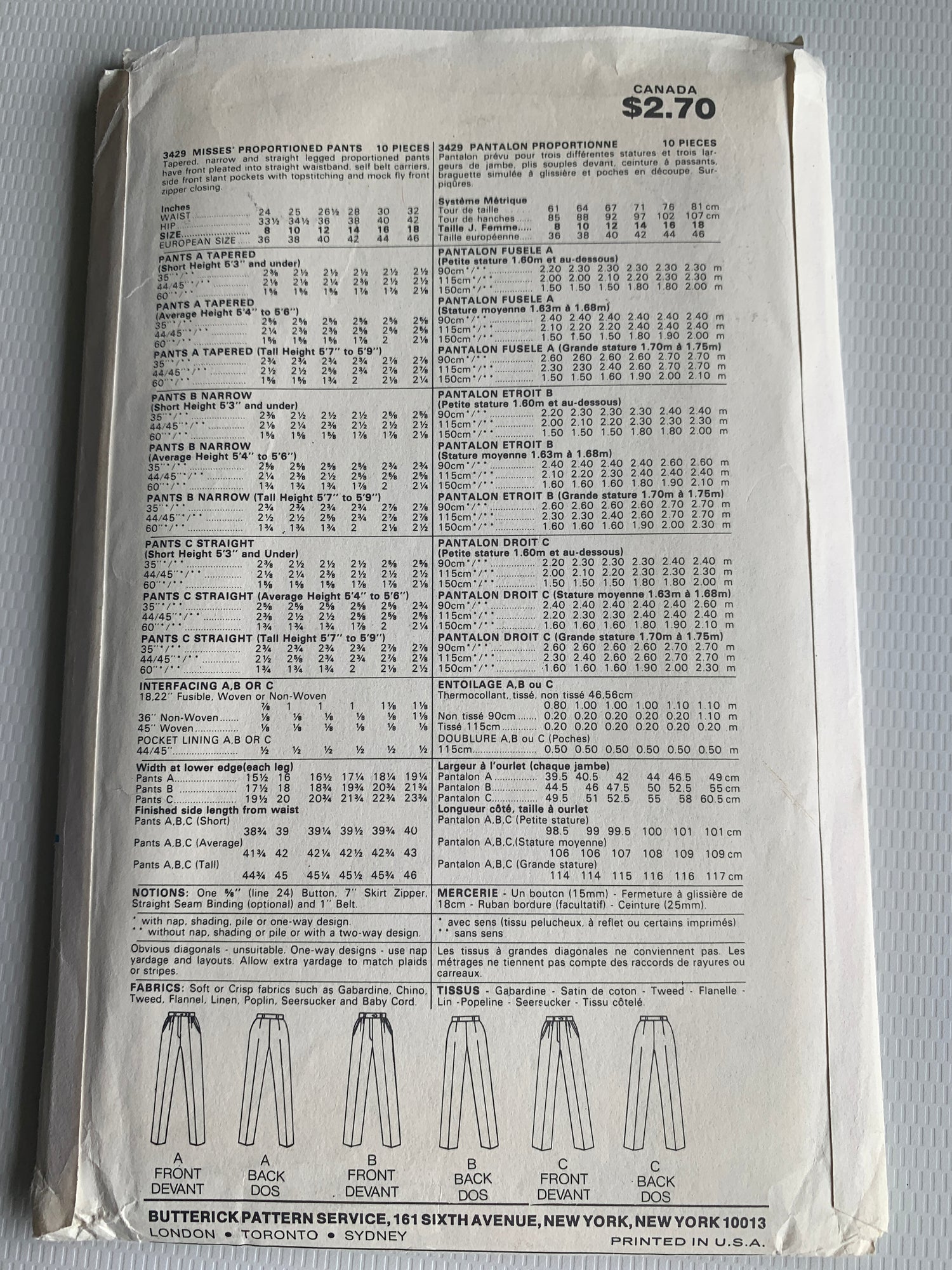 Butterick Sewing Pattern 3429 Misses' Tapered/Straight Pants, Zipper Closing, Size 12, Uncut, Vintage 1980