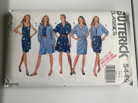 Butterick Sewing Pattern 5449 Misses' Jacket, Top, Dress, Shorts, Wrap Skirt, Zipper, Pockets, Size 6-10, Uncut, Vintage 1990