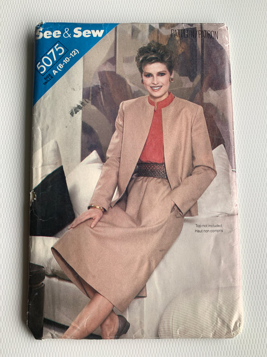 Butterick See & Sew Sewing Pattern 5075 Misses' Jacket, Skirt, Shoulder Pads, Loose-Fitting, Zipper Back, Size 8-12 Uncut, Vintage 1989