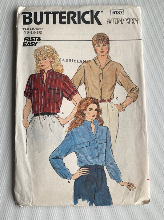 Butterick Sewing Pattern 6137 Misses' Shirt, Loose-Fitting, Short/Long Sleeves, Button Front, Pocket, Size 12-14, Uncut, Vintage 1970